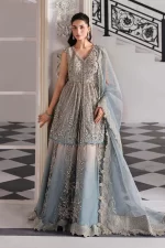 Pakistani clothing brands maria b new embroidered collection, unstitched chiffon suit, coffee to aqua colour, BD-3002, front shirt wit sharara