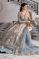 Pakistani clothing brands maria b new embroidered collection, unstitched chiffon suit, coffee to aqua colour, BD-3002, front shirt and dupatta