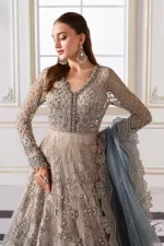 Pakistani clothing brands maria b new embroidered collection, unstitched chiffon suit, coffee to aqua colour, BD-3002, front shirt