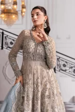 Pakistani clothing brands maria b new embroidered collection, unstitched chiffon suit, coffee to aqua colour, BD-3002, front shirt embroidery