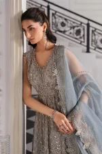 Pakistani clothing brands maria b new embroidered collection, unstitched chiffon suit, coffee to aqua colour, BD-3002, shirt top and dupatta