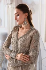Pakistani clothing brands maria b new embroidered collection, unstitched chiffon suit, coffee to aqua colour, BD-3002, front top