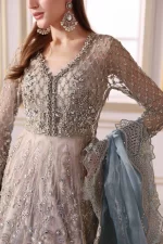 Pakistani clothing brands maria b new embroidered collection, unstitched chiffon suit, coffee to aqua colour, BD-3002, shirt