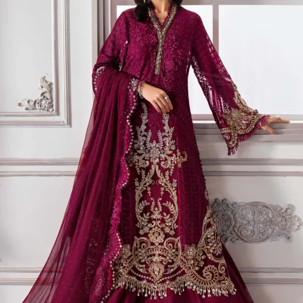 Pakistani clothing brands maria b new embroidered collection, unstitched chiffon suit, magenta colour, BD-3003, front