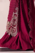 Pakistani clothing brands maria b new embroidered collection, unstitched chiffon suit, magenta colour, BD-3003, front shirt daman border