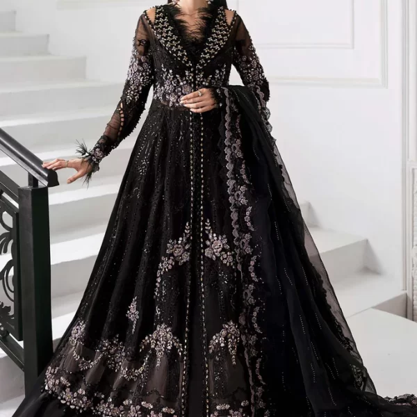 Pakistani clothing brands maria b new embroidered collectionel, 3 piece organza suit, black colour, BD-3004, front