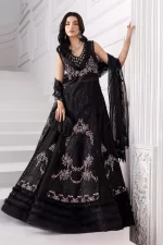 Pakistani clothing brands maria b new embroidered collectionel, 3 piece organza suit, black colour, BD-3004, front shirt , lehnga and dupatta of style 2