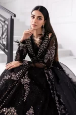 Pakistani clothing brands maria b new embroidered collectionel, 3 piece organza suit, black colour, BD-3004, front shirt and sleeves