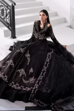 Pakistani clothing brands maria b new embroidered collectionel, 3 piece organza suit, black colour, BD-3004, lehenga full look