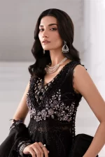 Pakistani clothing brands maria b new embroidered collectionel, 3 piece organza suit, black colour, BD-3004, front shirt style