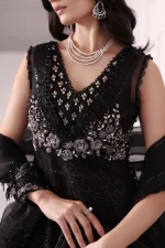 Pakistani clothing brands maria b new embroidered collectionel, 3 piece organza suit, black colour, BD-3004, front neck style