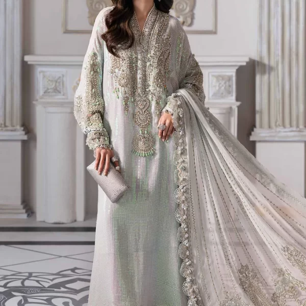 Pakistani clothing brands maria b new embroidered collection, 3 piece chiffon suit, saree, ice blue colour, BD-3005, front look
