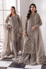 Pakistani clothing brands maria b new embroidered collection, 3 piece chiffon suit, steel grey colour, BD-3006, front style 1 & style 2