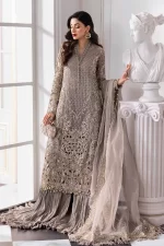 Pakistani clothing brands maria b new embroidered collection, 3 piece chiffon suit, steel grey colour, BD-3006, front style 1