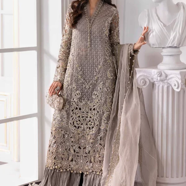 Pakistani clothing brands maria b new embroidered collection, 3 piece chiffon suit, steel grey colour, BD-3006, front style 1
