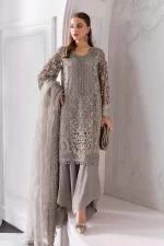 Pakistani clothing brands maria b new embroidered collection, 3 piece chiffon suit, steel grey colour, BD-3006, front style 2