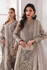 Pakistani clothing brands maria b new embroidered collection, 3 piece chiffon suit, steel grey colour, BD-3006, front shirts
