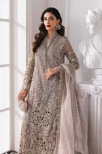 Pakistani clothing brands maria b new embroidered collection, 3 piece chiffon suit, steel grey colour, BD-3006, shirt & dupatta