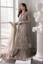 Pakistani clothing brands maria b new embroidered collection, 3 piece chiffon suit, steel grey colour, BD-3006, front shirt with sharara