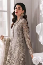 Pakistani clothing brands maria b new embroidered collection, 3 piece chiffon suit, steel grey colour, BD-3006, sleeves