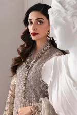 Pakistani clothing brands maria b new embroidered collection, 3 piece chiffon suit, steel grey colour, BD-3006, front neck design