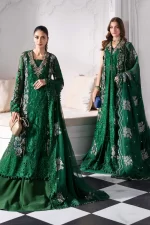 Pakistani clothing brands maria b new embroidered collection, 3 piece chiffon suit, emerald green, BD-3008, front, style 1 & style 2