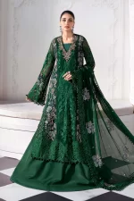 Pakistani clothing brands maria b new embroidered collection, 3 piece chiffon suit, emerald green, BD-3008, front