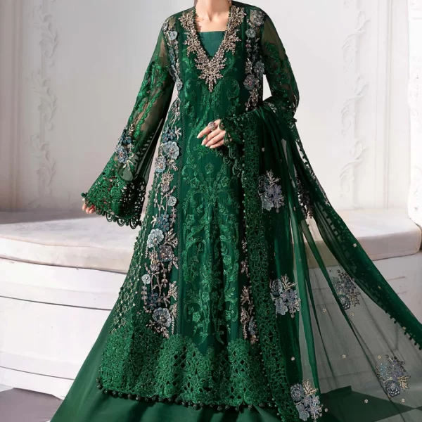 Pakistani clothing brands maria b new embroidered collection, 3 piece chiffon suit, emerald green, BD-3008, front