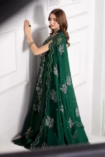 Pakistani clothing brands maria b new embroidered collection, 3 piece chiffon suit, emerald green, BD-3008, back and dupatta