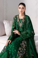 Pakistani clothing brands maria b new embroidered collection, 3 piece chiffon suit, emerald green, BD-3008, side look
