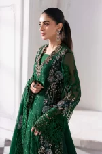 Pakistani clothing brands maria b new embroidered collection, 3 piece chiffon suit, emerald green, BD-3008, sleeves