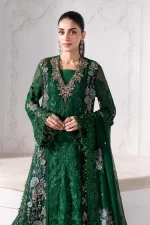 Pakistani clothing brands maria b new embroidered collection, 3 piece chiffon suit, emerald green, BD-3008, front top