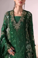 Pakistani clothing brands maria b new embroidered collection, 3 piece chiffon suit, emerald green, BD-3008, front v-neck