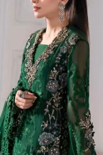 Pakistani clothing brands maria b new embroidered collection, 3 piece chiffon suit, emerald green, BD-3008, neck & side embroidery