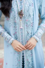 Pakistani clothing brands qalamkar luxury lawn eid edit collection 2025, unstitched 3 piece suit, sb-04 Zarish, front shirt embroidery