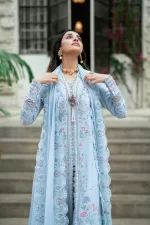 Pakistani clothing brands qalamkar luxury lawn eid edit collection 2025, unstitched 3 piece suit, sb-04 Zarish, front shirt neck