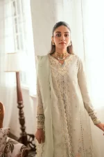 Pakistani clothing brands qalamkar luxury lawn eid edit collection 2025, unstitched 3 piece suit, sb-08 rimsha, front shirt and dupatta