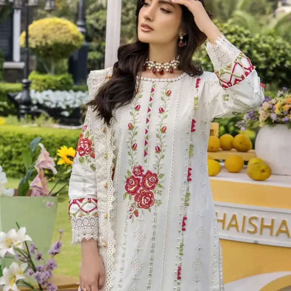 Pakistani clothing brands eshaisha festive lawn embroidered collection 2025, unstitched 3 piece embroidered suit, EA-LL-5540, front