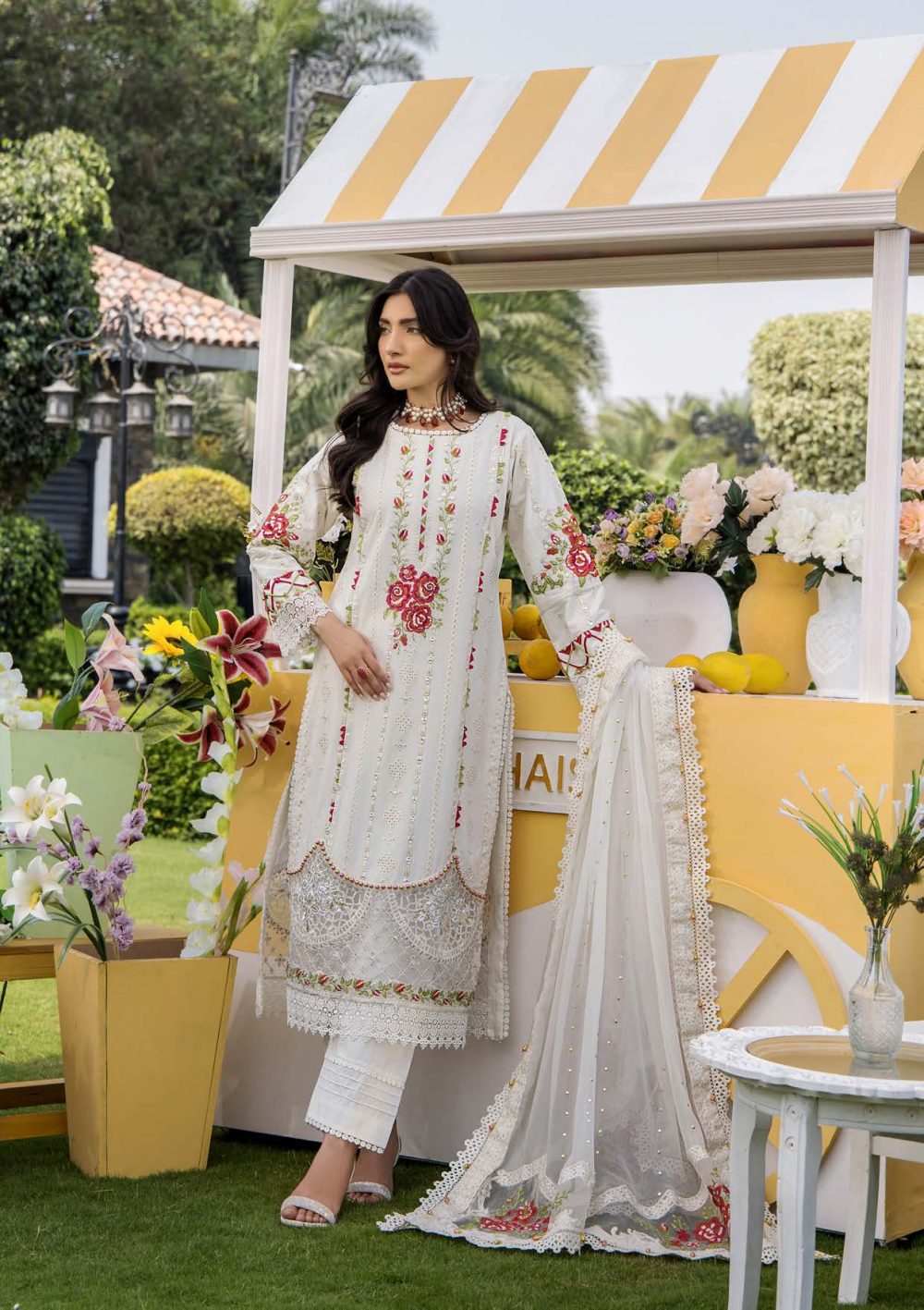 Pakistani clothing brands eshaisha festive lawn embroidered collection 2025, unstitched 3 piece embroidered suit, EA-LL-5540, salwar, kameez & dupatta