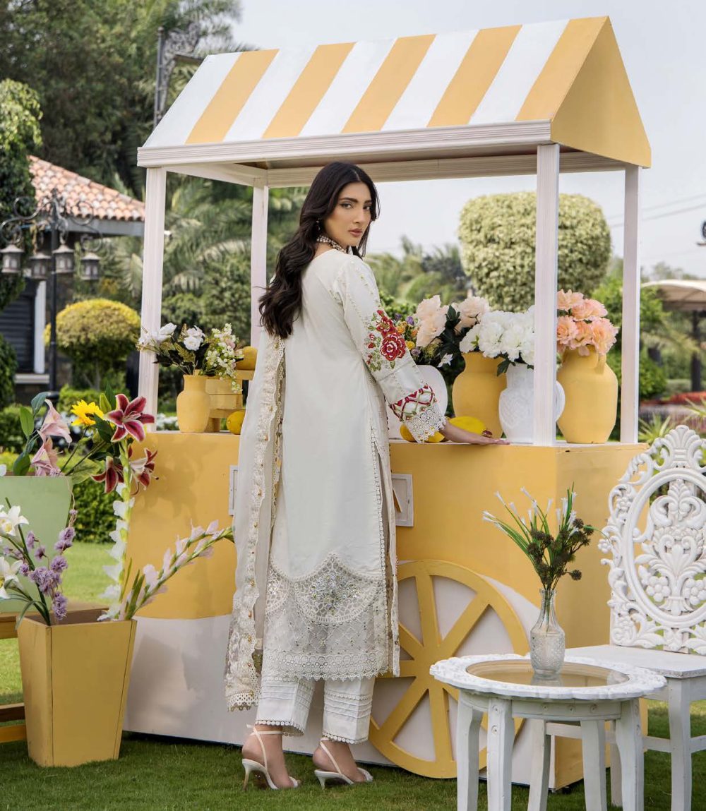 Pakistani clothing brands eshaisha festive lawn embroidered collection 2025, unstitched 3 piece embroidered suit, EA-LL-5540, back