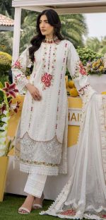 Pakistani clothing brands eshaisha festive lawn embroidered collection 2025, unstitched 3 piece embroidered suit, EA-LL-5540, front closeup