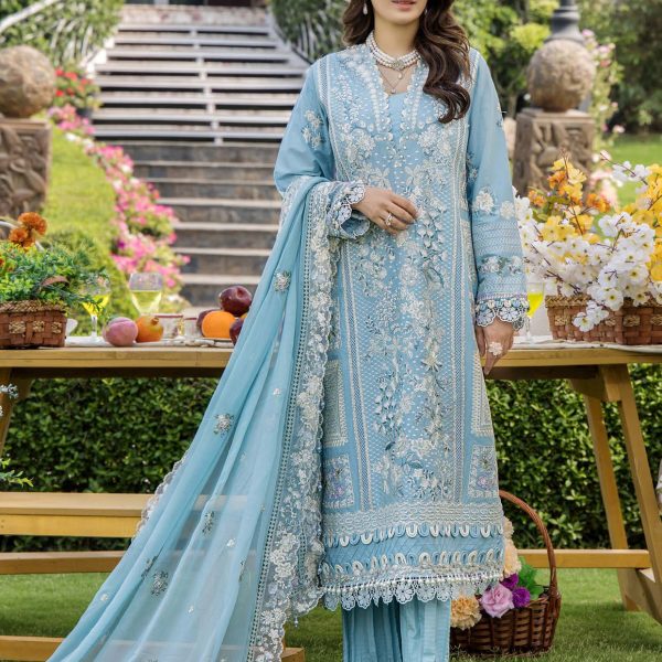 Pakistani clothing brands eshaisha festive lawn embroidered collection 2025, unstitched 3 piece embroidered suit, EA-LL-5541, front