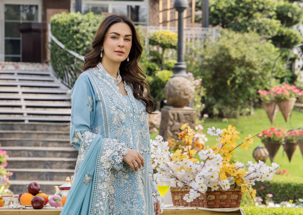 Pakistani clothing brands eshaisha festive lawn embroidered collection 2025, unstitched 3 piece embroidered suit, EA-LL-5541, front closeup of kameez