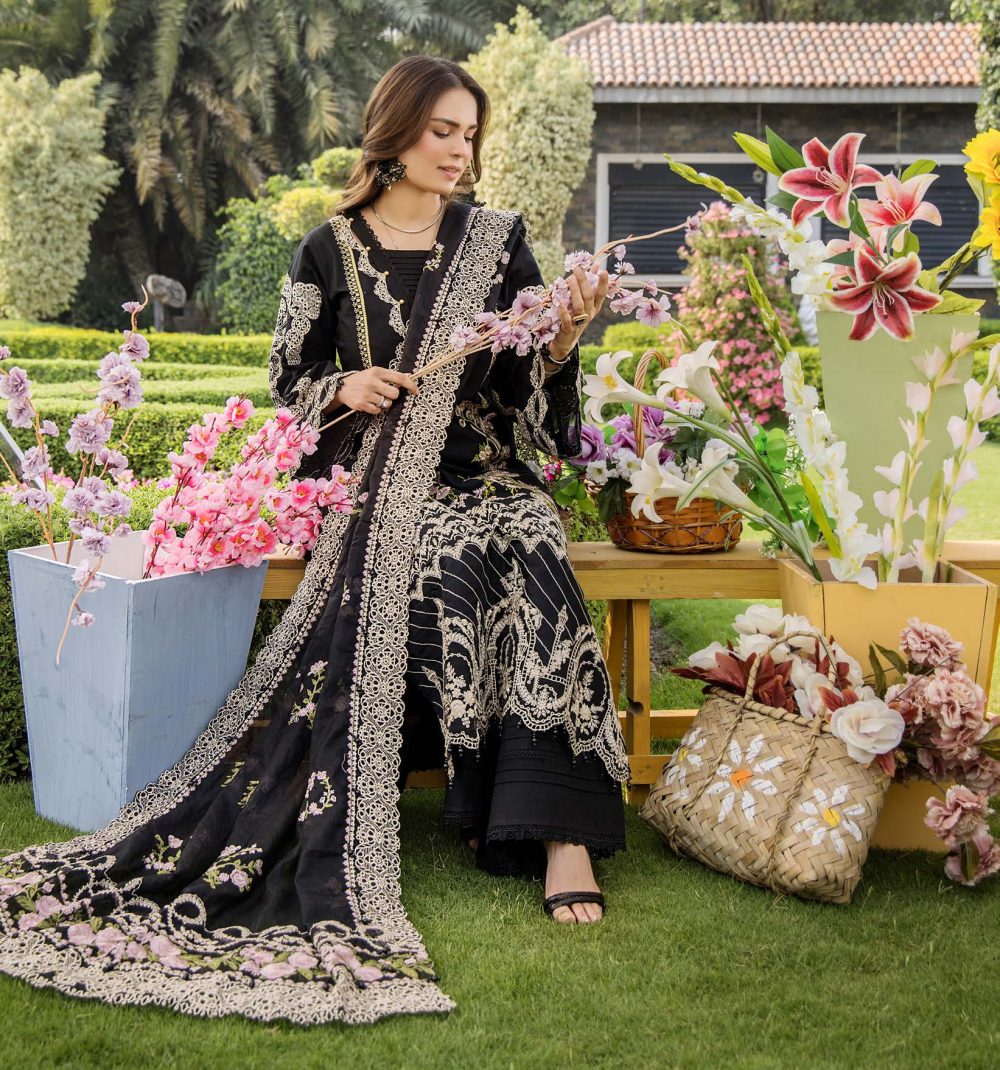 Pakistani clothing brands eshaisha festive lawn embroidered collection 2025, unstitched 3 piece embroidered suit, EA-LL-5542, front