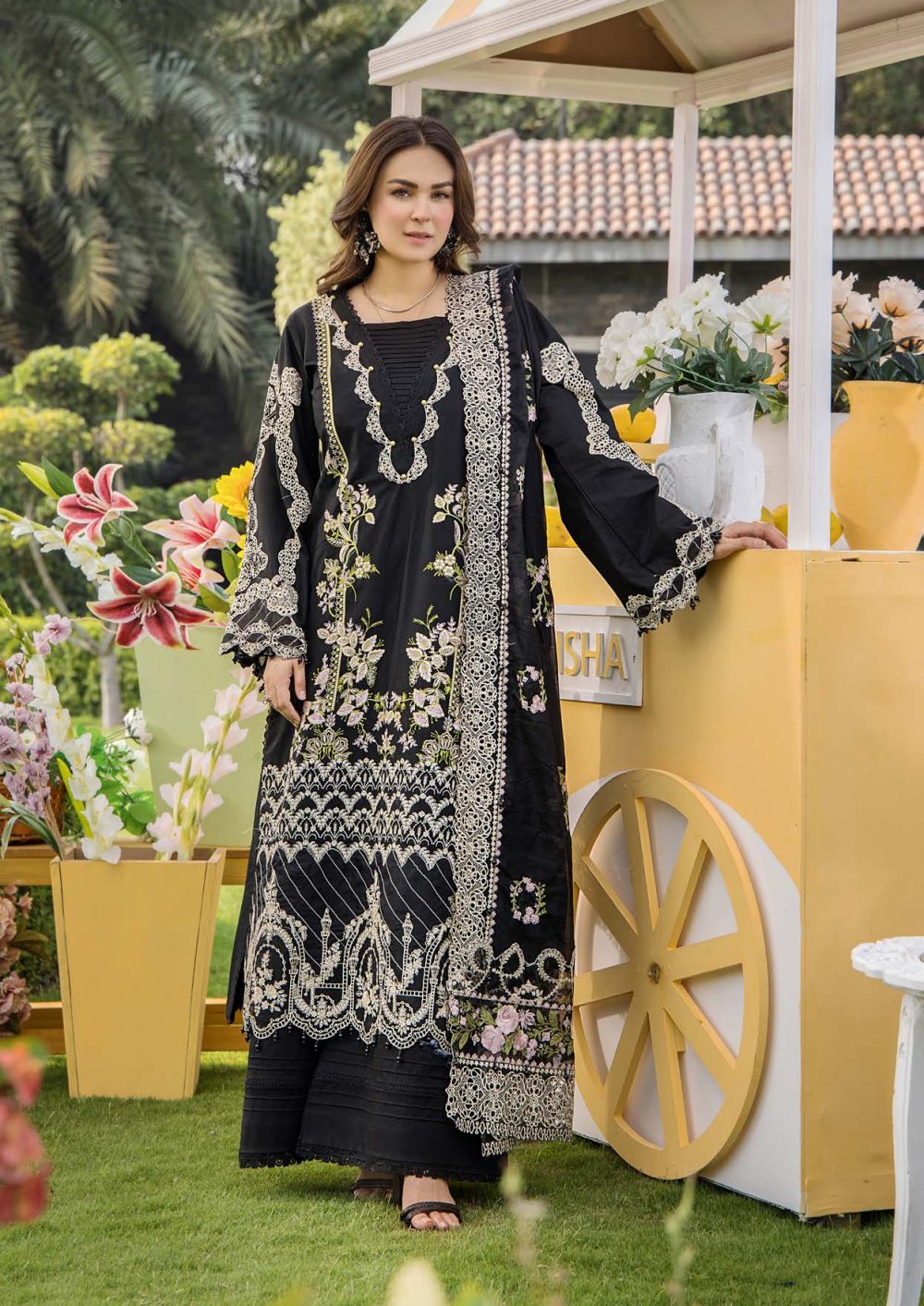 Pakistani clothing brands eshaisha festive lawn embroidered collection 2025, unstitched 3 piece embroidered suit, EA-LL-5542, salwar, kameez and dupatta