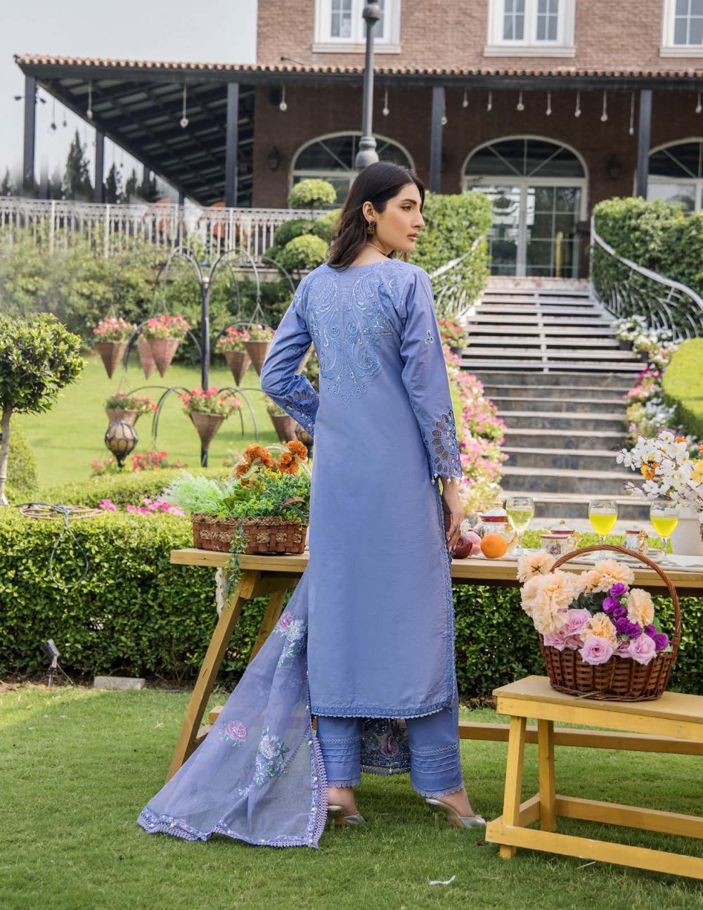 Pakistani clothing brands eshaisha festive lawn embroidered collection 2025, unstitched 3 piece embroidered suit, EA-LL-5543, back