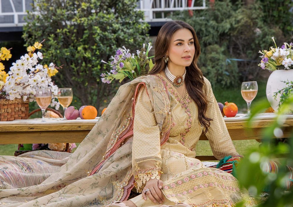 Pakistani clothing brands eshaisha festive lawn embroidered collection 2025, unstitched 3 piece embroidered suit, EA-LL-5544, closeup