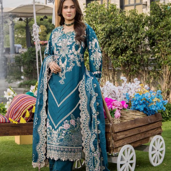 Pakistani clothing brands eshaisha festive lawn embroidered collection 2025, unstitched 3 piece embroidered suit, EA-LL-5545, front