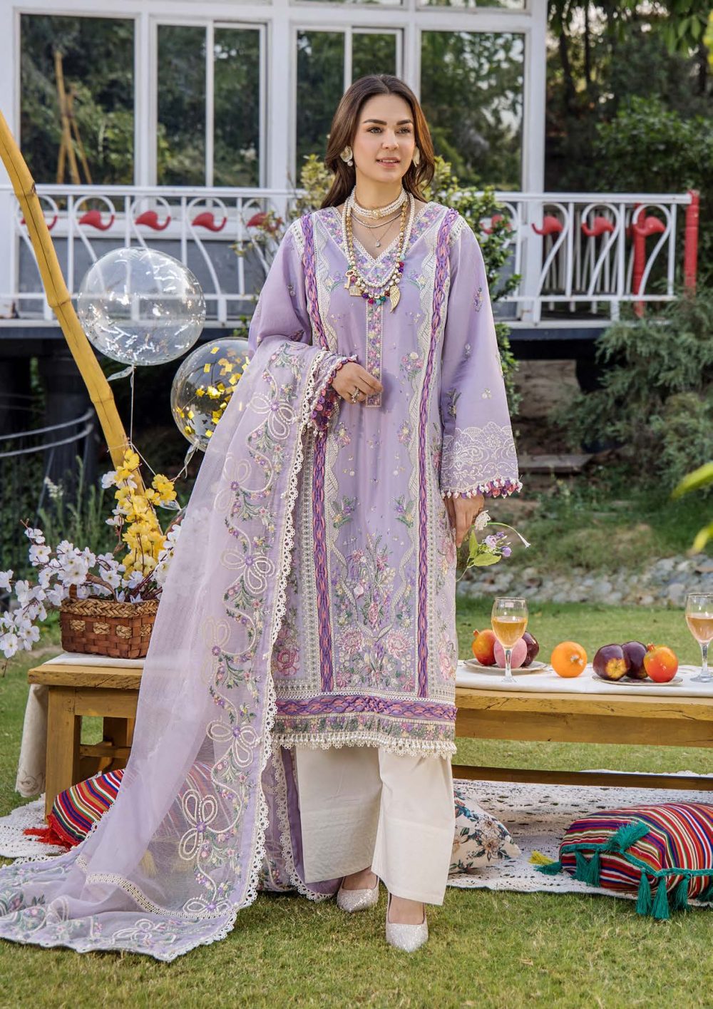 Pakistani clothing brands eshaisha festive lawn embroidered collection 2025, unstitched 3 piece embroidered suit, EA-LL-5546, front