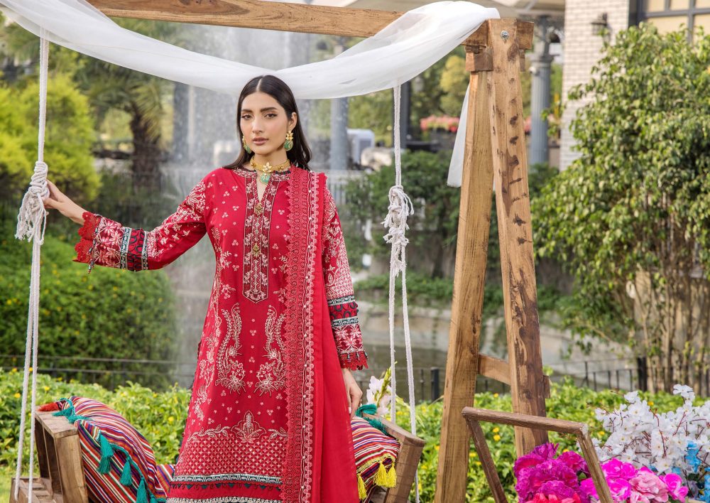 Pakistani clothing brands eshaisha festive lawn embroidered collection 2025, unstitched 3 piece embroidered suit, EA-LL-5547, front